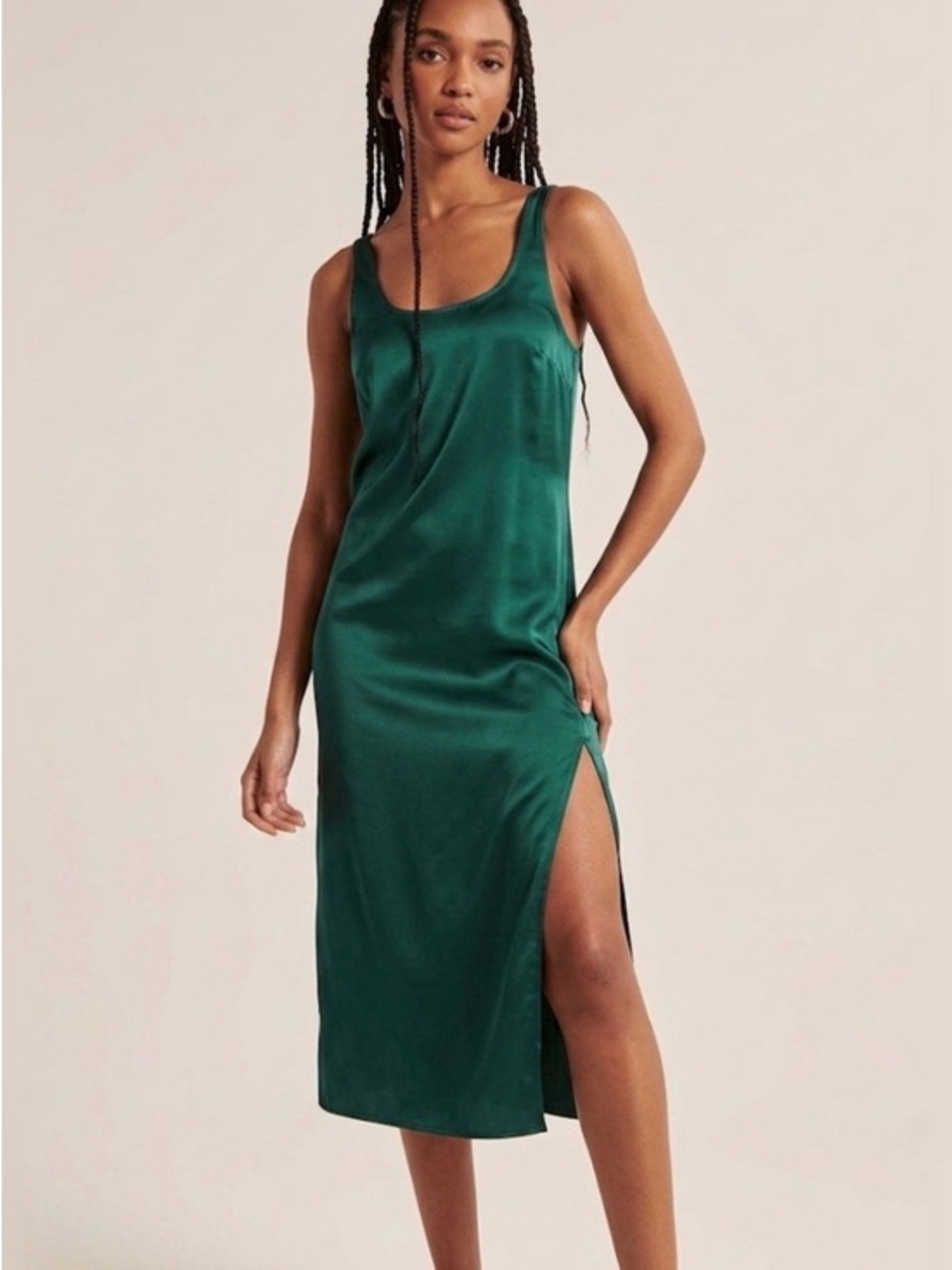 Abercrombie & Fitch Emerald Green Satin Midi Slip Dress Side Slit SP